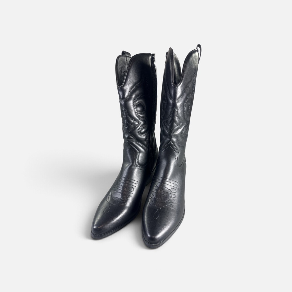 YETIER Women's Black Western Cowboy Boots Embroidered Mid-Calf Side Zip Size 9